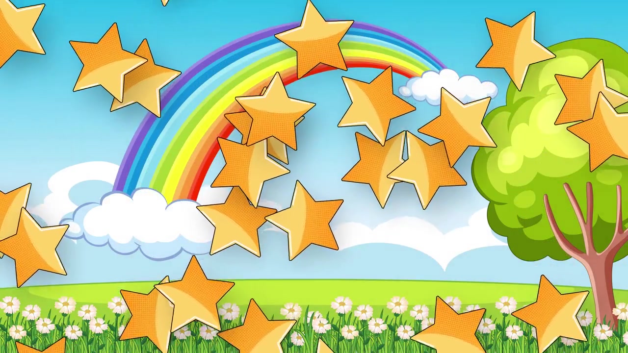 Estrelas Douradas Animadas Caem Sobre uma Paisagem Vibrante de Desenho Animado com Arco-Íris, Árvores e Flores