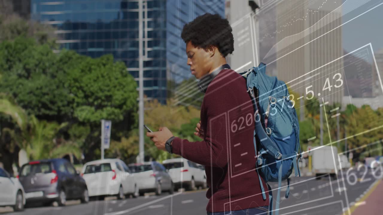 Commuter pausing at curb lifting smartphone and scanning map data with animated technical overlays