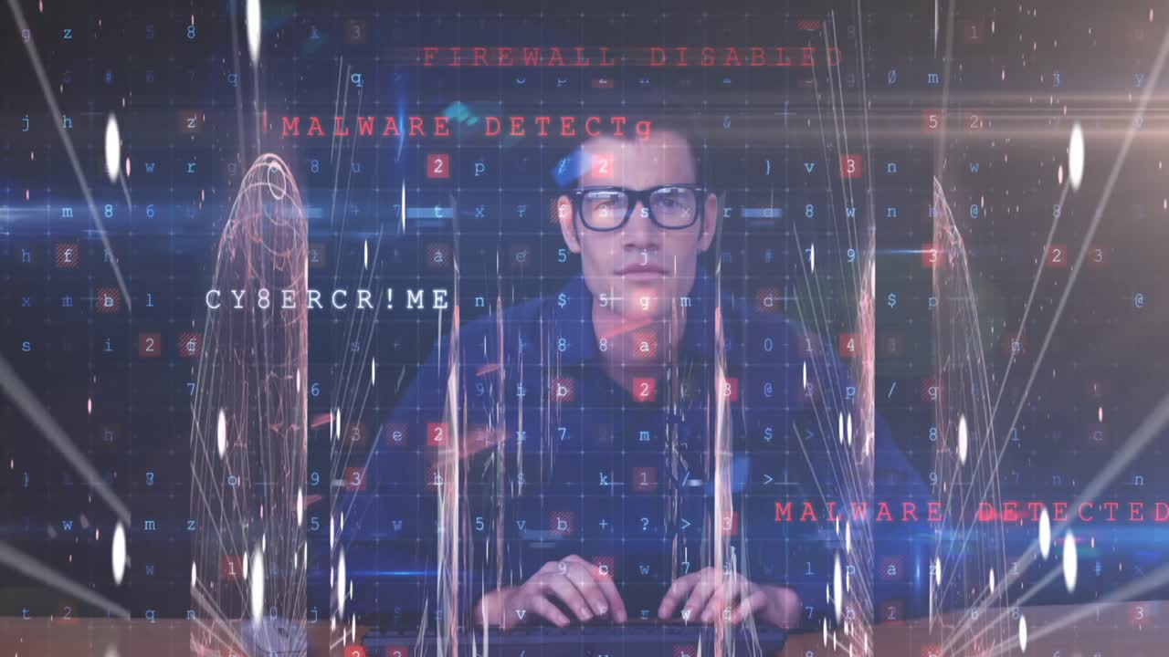 formas flotantes y giratorias, procesamiento de datos sobre hacker masculino caucásico, con gafas, usando un l