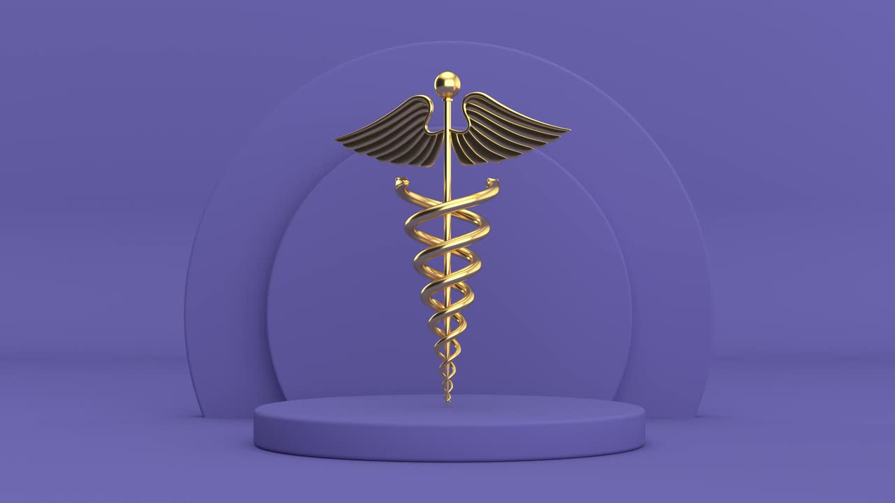 video de resolución 4k: símbolo de caduceo médico dorado girando sobre productos de cilindros muy peri violeta pedestal de escenario en un animo de bucle de fondo violeta muy peri