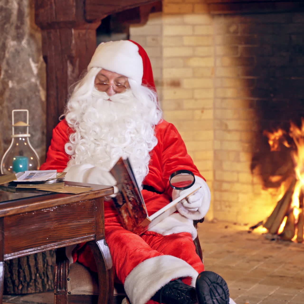 Santa reading magic book. Joyful Santa Claus sitting in decorated room and reading a book at New year. Christmas spirit concept.