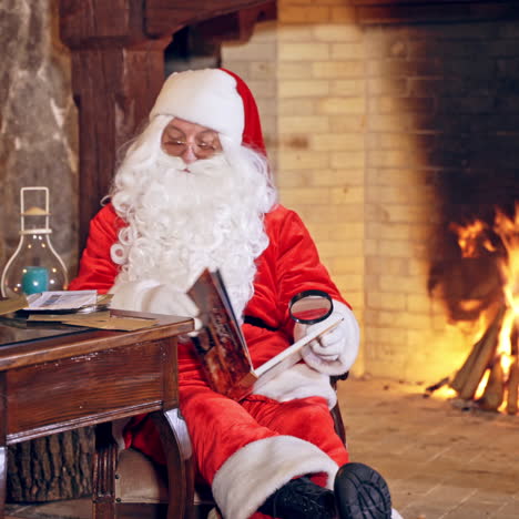 santa reading magic book. joyful santa claus sitting in decorated room and reading a book at new year. christmas spirit concept.