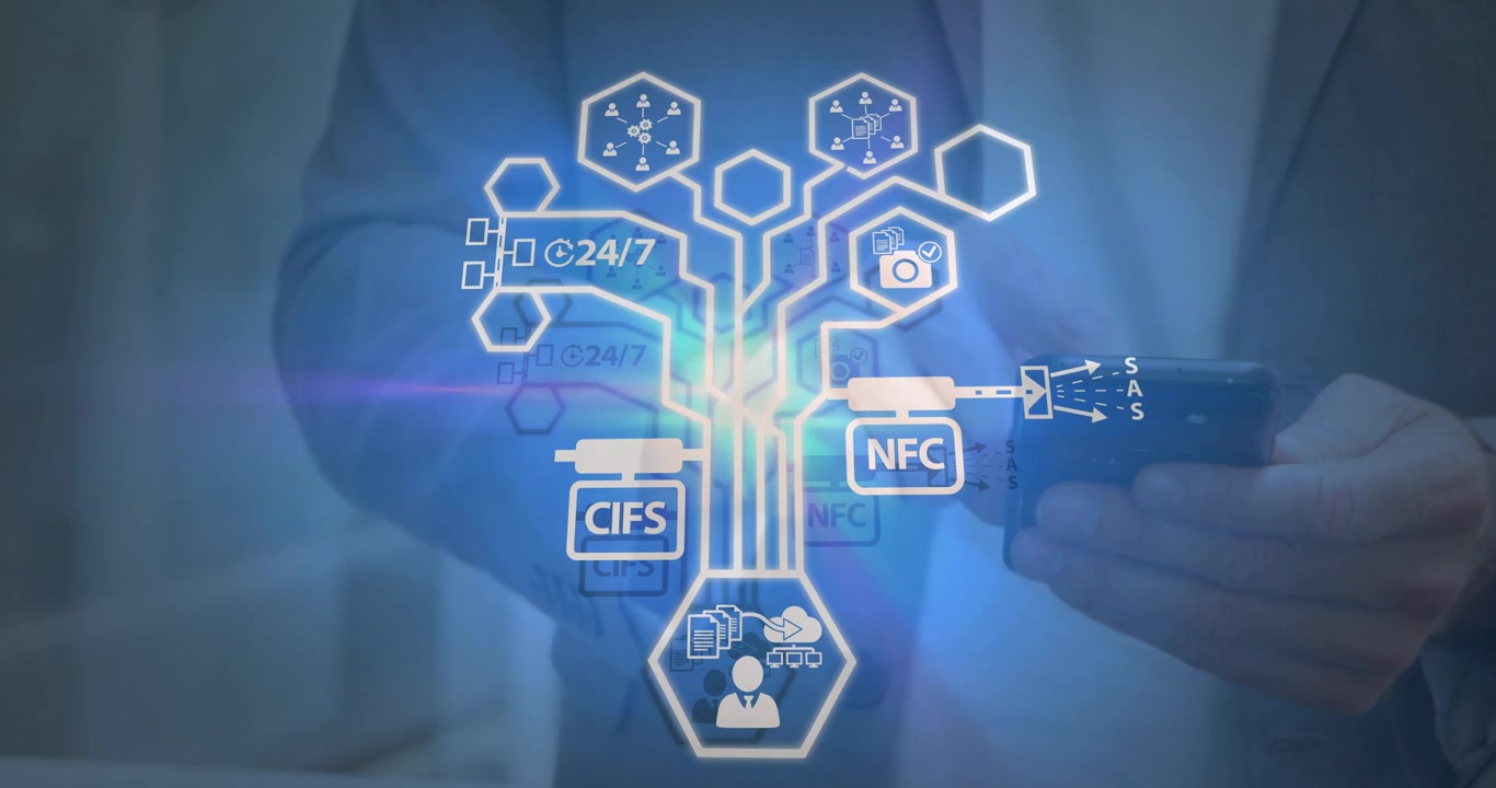 Animation of connections with technology icons over caucasian man using smartphone