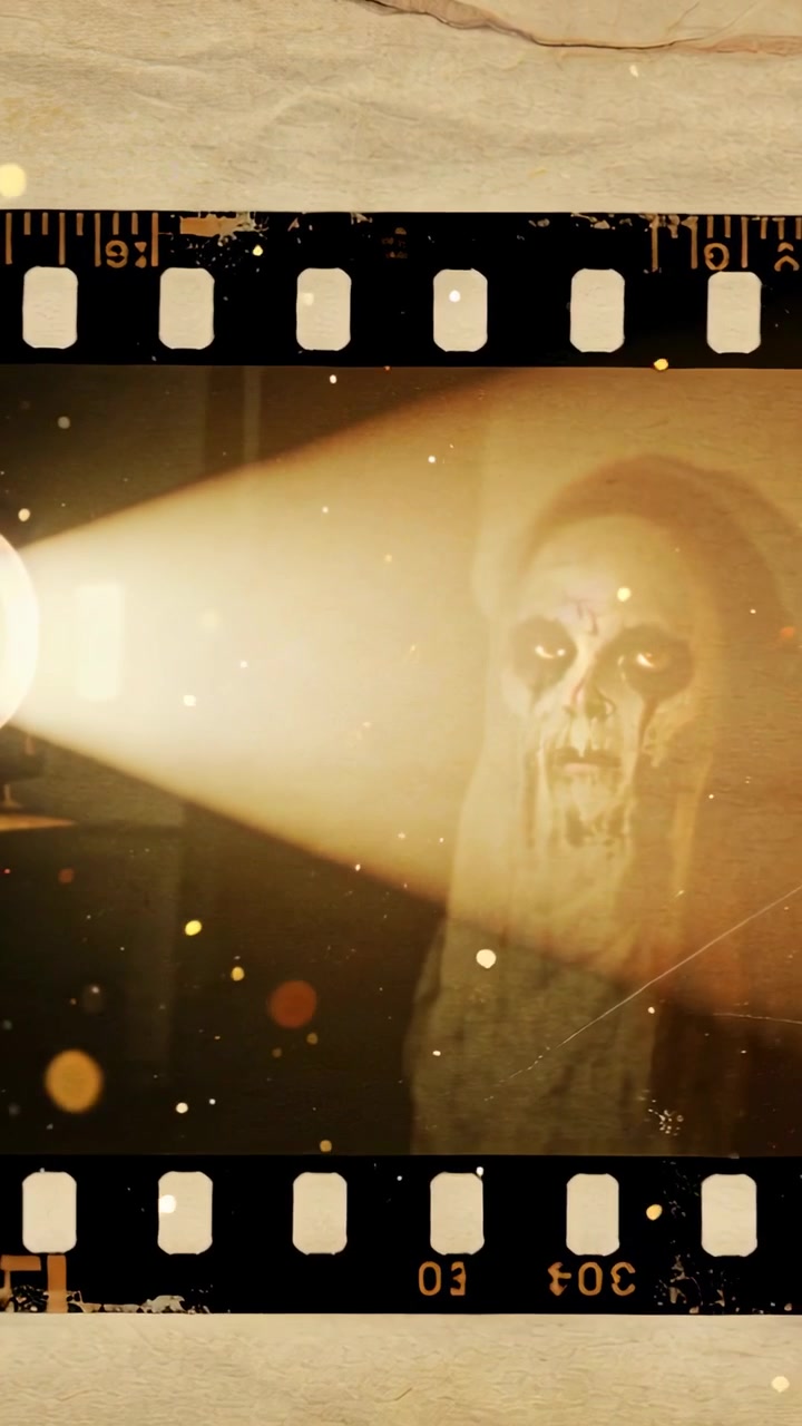 Video verticale: Fascio di luce che illumina una figura ammantata con trucco da teschio su un set scuro, con una striscia di pellicola che aggiunge drammaticità.