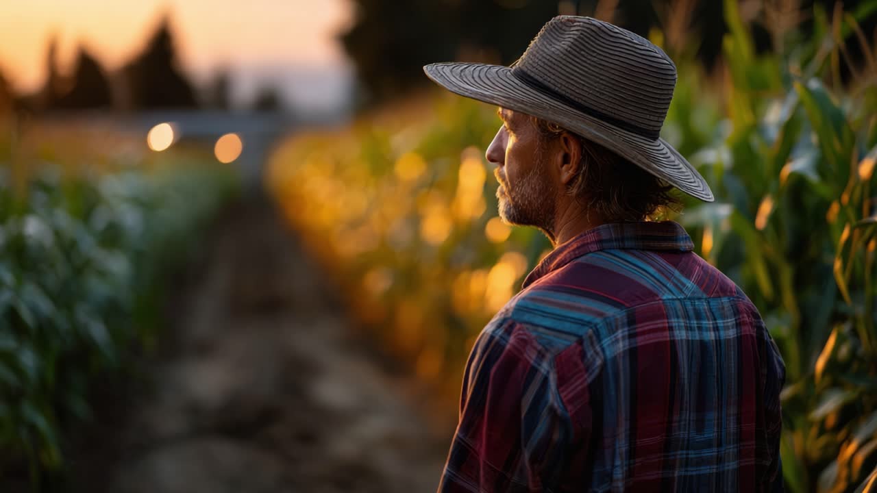 A contemplative farmer stands in a vibrant field at sunset, reflecting on the day's work while surrounded by lush corn plants bathed in golden light