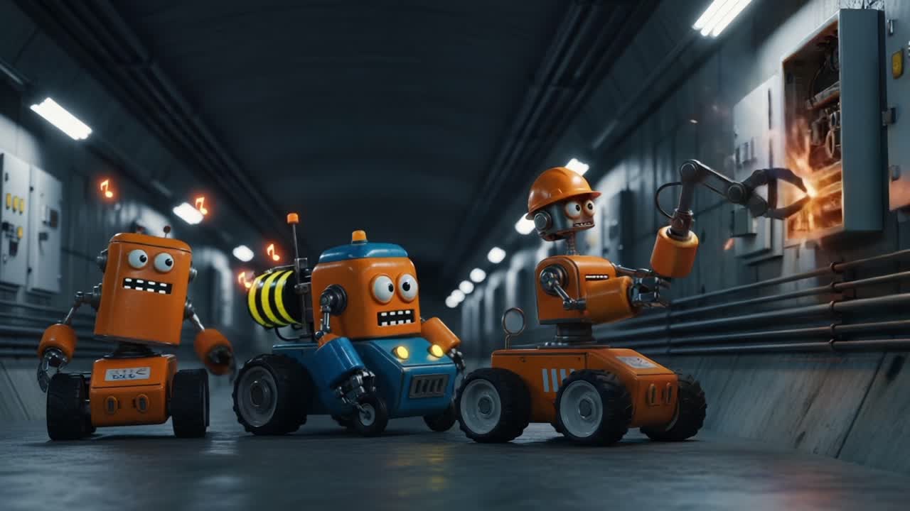 A Group of Colorful Robots Engaging in an Electric Repair Task in a Futuristic Underground Environment Filled with Technology and Intricate Wiring