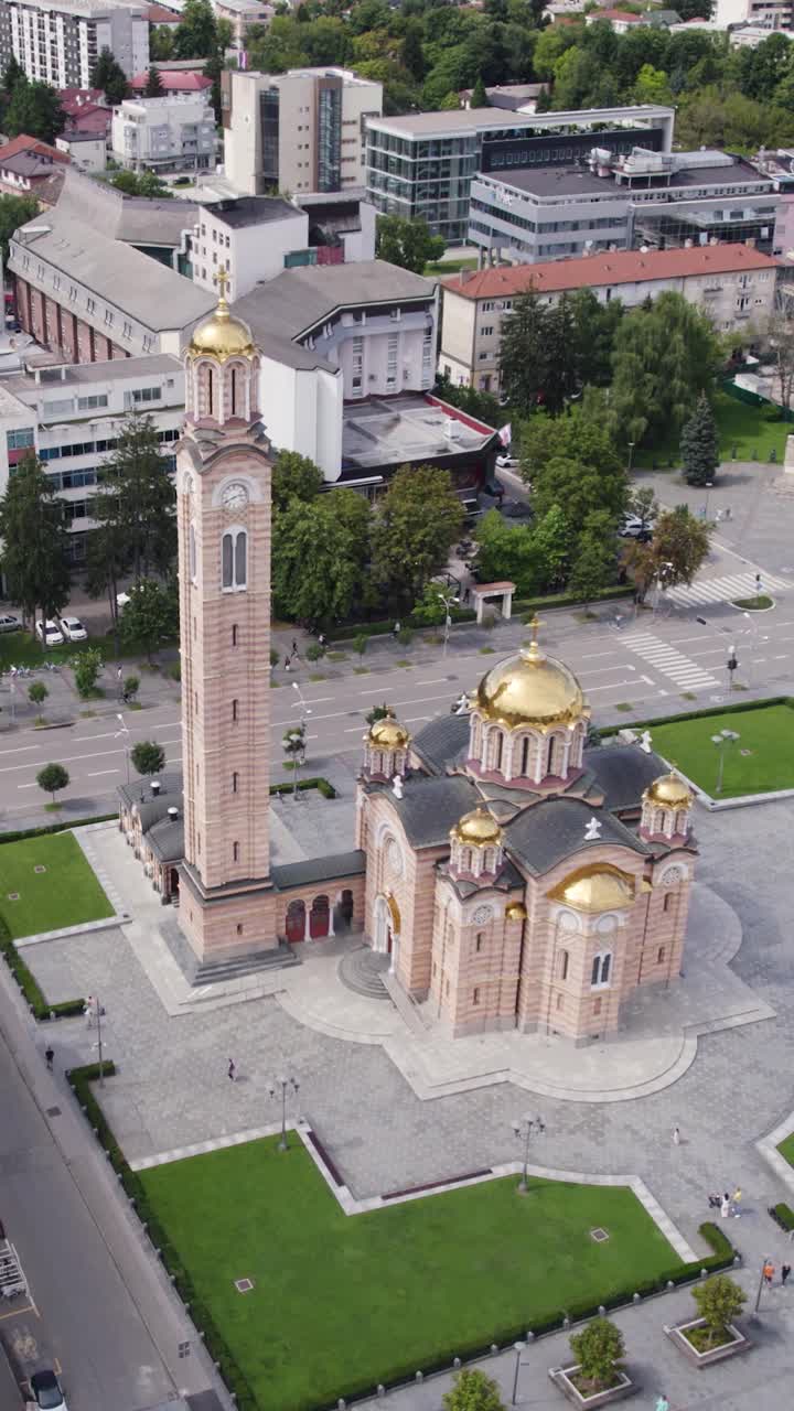 Aerial view of the magnificent Christ the Savior Orthodox Cathedral, a prominent landmark in Banja Luka, Bosnia and Herzegovina. Vertical Video