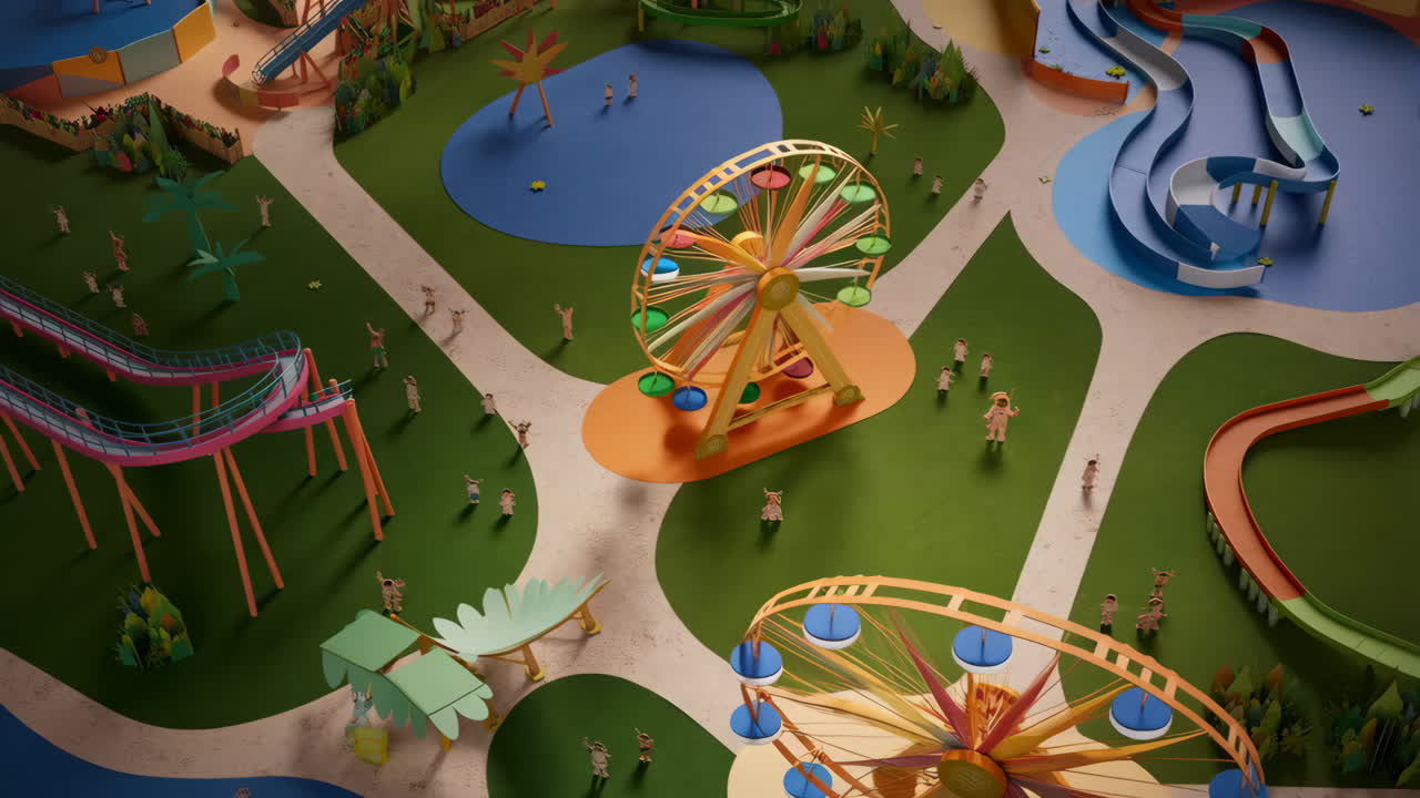 Vista aérea colorida de un parque de atracciones y acuático en miniatura