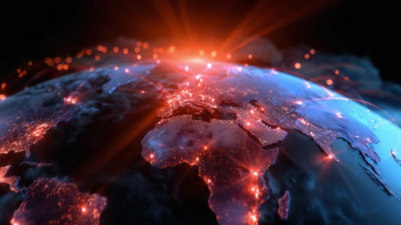 Jorden gløder med levende oransje lys mot mørkt verdensrom. Rødlig glød fremhever kontinenter, spesielt Afrika og Asia. Blå hav står i kontrast til de glødende landmassene.