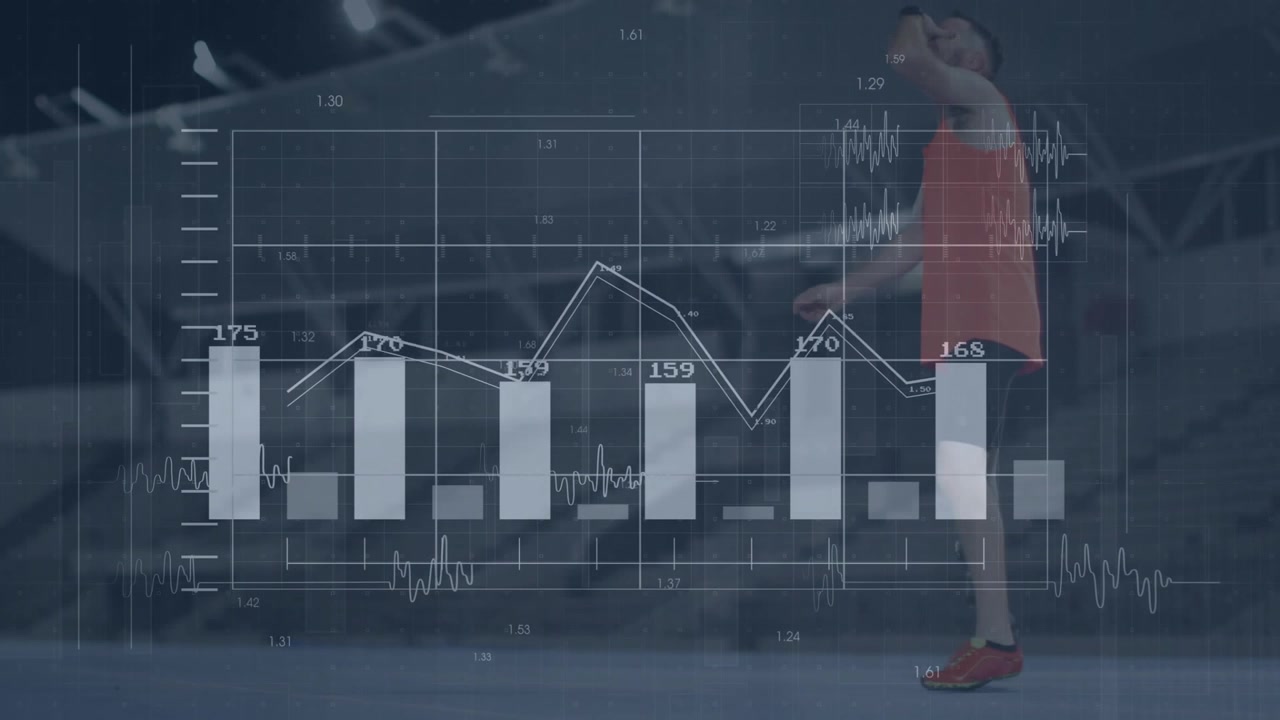 Atlet går ind på stadion og jogger med løbeprotese, mens fitnessmålinger stiger kraftigt, hvilket får vedkommende til at nippe til vand.