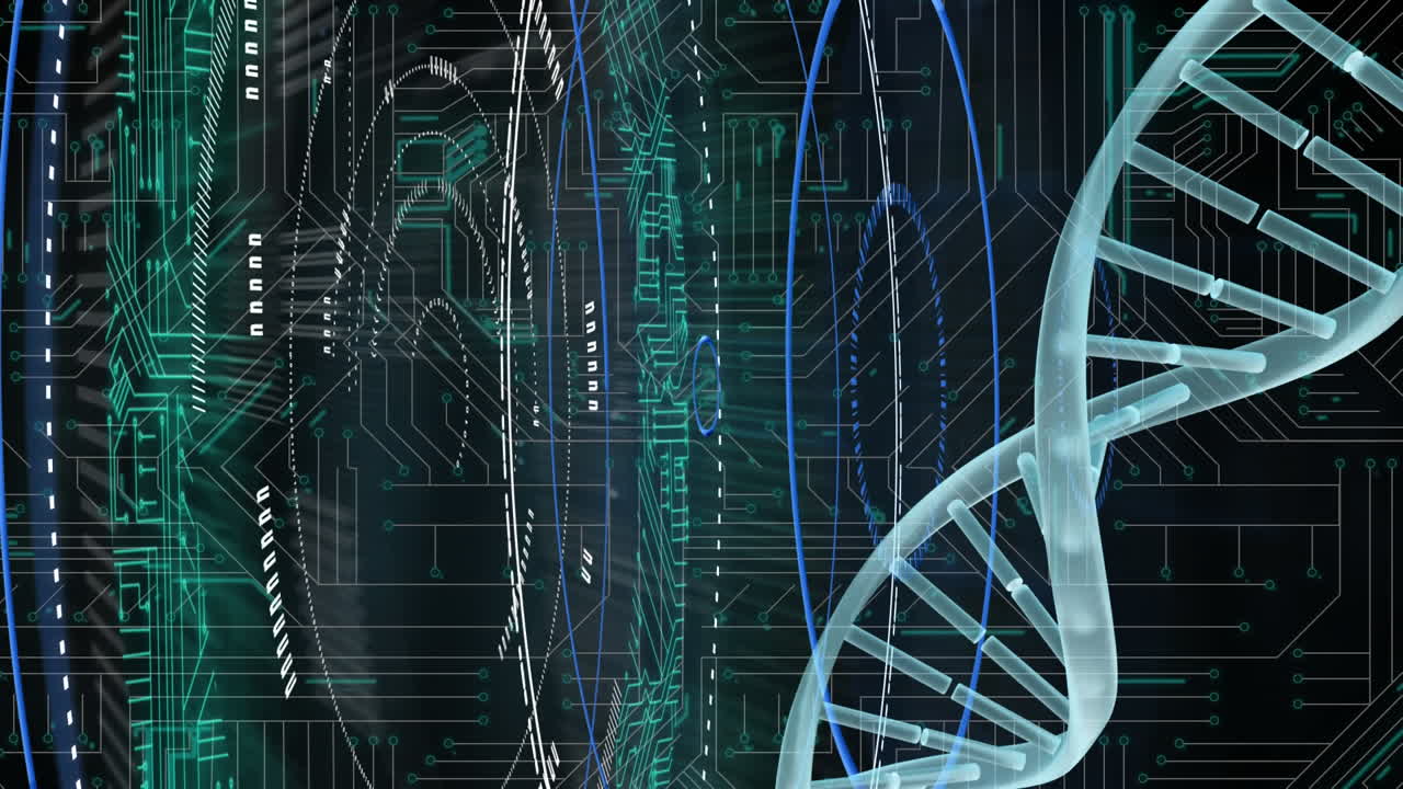 DNA structure spinning against microprocessor connections