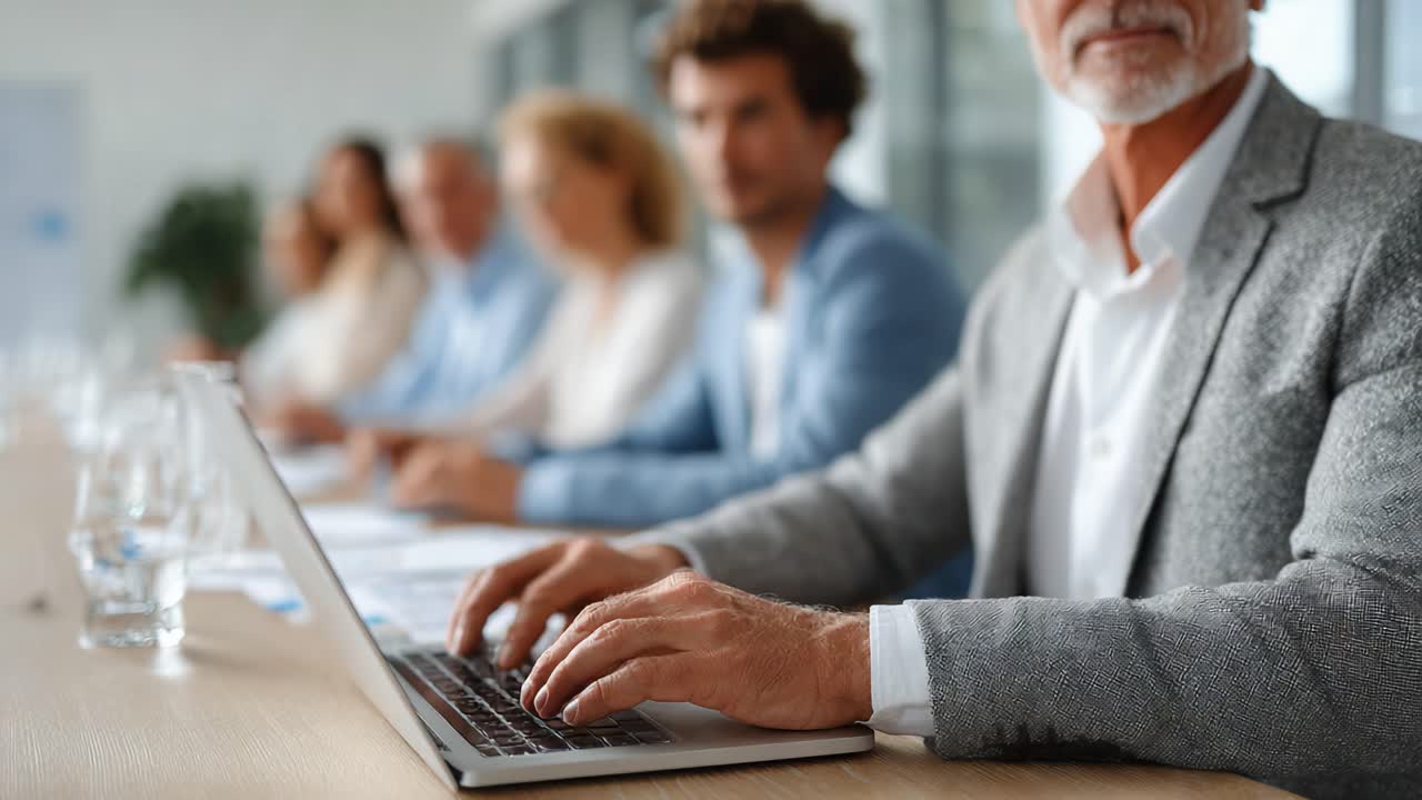 Focused Executive Engaged in Digital Task During Business Meeting at Modern Conference Table Amidst Colleagues in Professional Setting