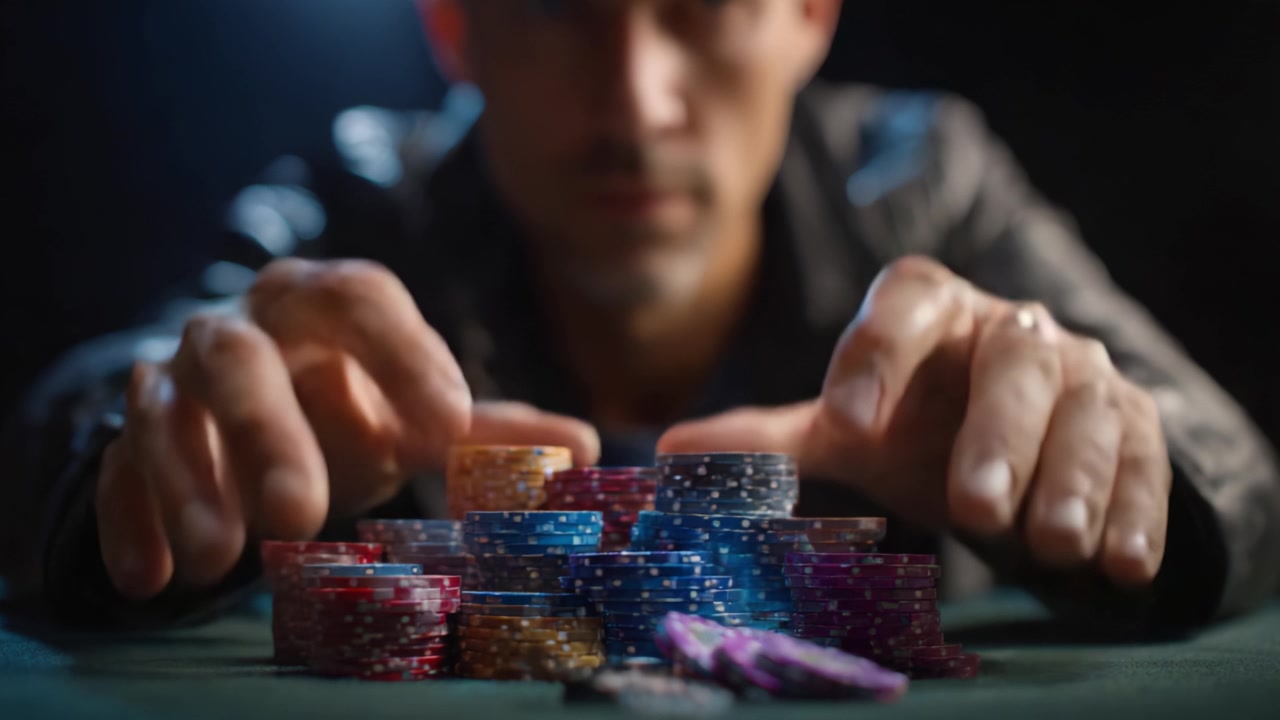 Un giocatore d'azzardo concentrato impila strategicamente fiches da poker colorate in una partita ad alto rischio, mostrando abilità e tensione in un ambiente oscurato
