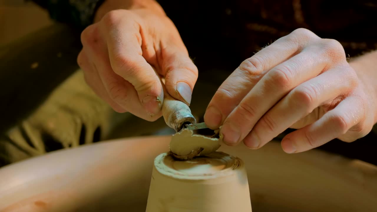 Professional potter carving mug with special tool in pottery workshop