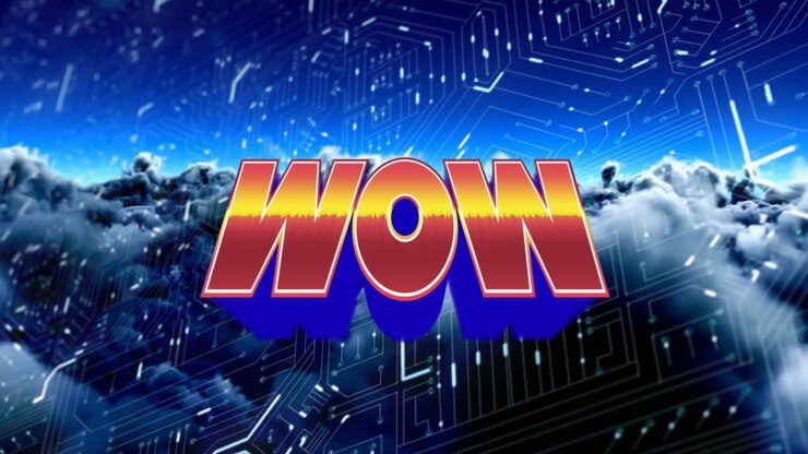 Animation of wow over integrated circuit and night cloudy sky