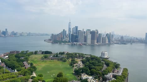 aerial view of manhattan skyline and governors island