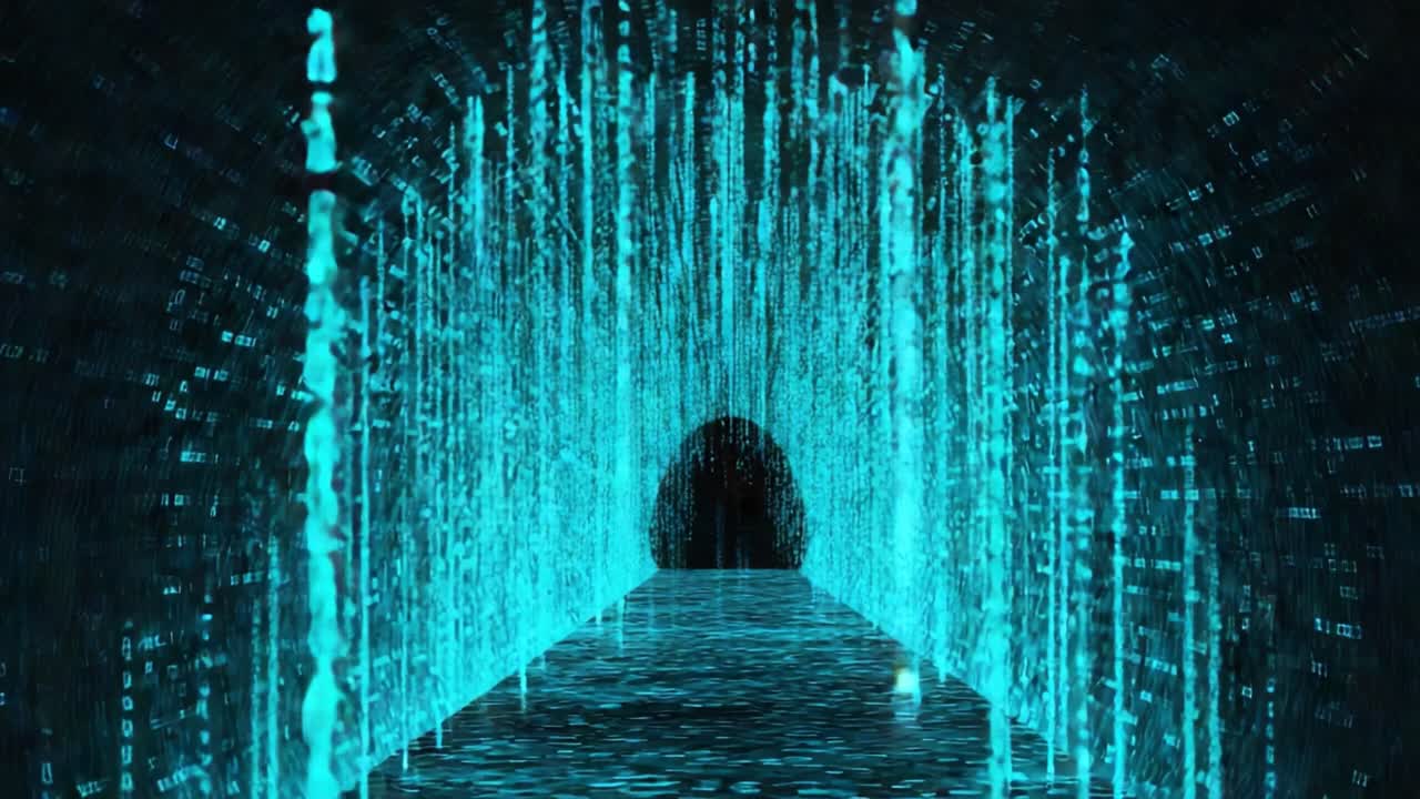 Seamless looping animation flying through a dark, futuristic tunnel where the walls are covered in falling streams of glowing turquoise binary code, representing data flow and cyberspace