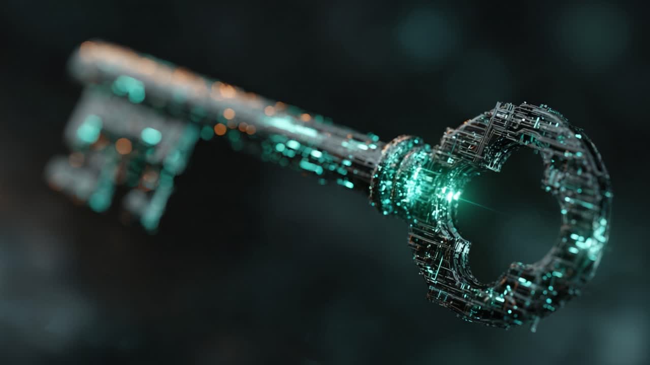Macro view of an old fashioned skeleton key made of intricate electronic circuits with glowing teal lights, representing digital security, data encryption, and access to cyberspace
