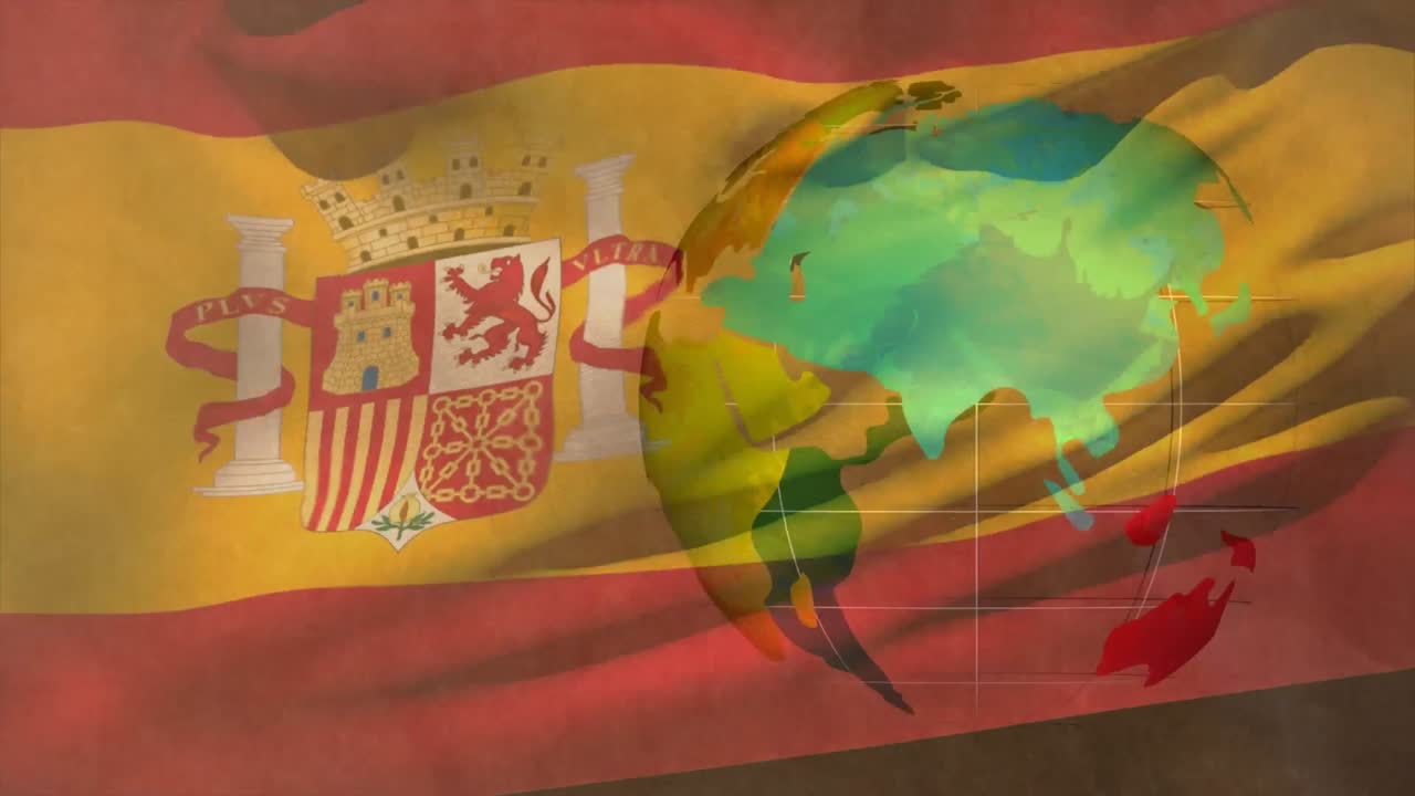 animación del procesamiento de datos sobre la bandera de españa y el globo
