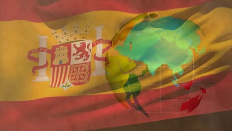 Animation-of-data-processing-over-flag-of-spain-and-globe