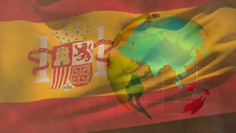 animation of data processing over flag of spain and globe