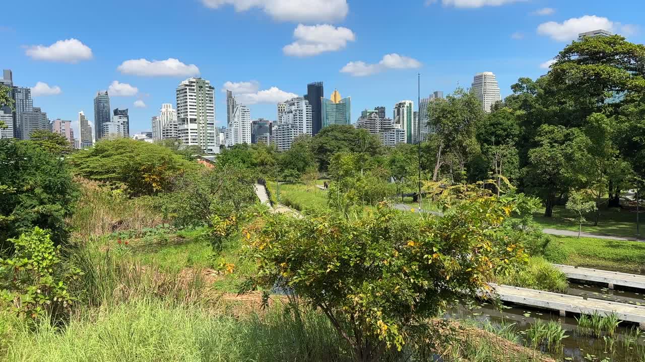 Rascacielos de Bangkok vistos desde el parque Benchakitti: edificios de la ciudad detrás del lago y la naturaleza verde, paisaje urbano del centro de Bangkok, Tailandia, Sudeste Asiático (vídeo)