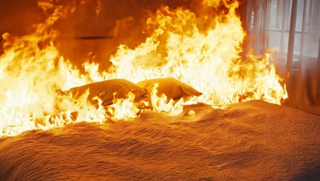 a bed with two pillows on fire in a bedroom