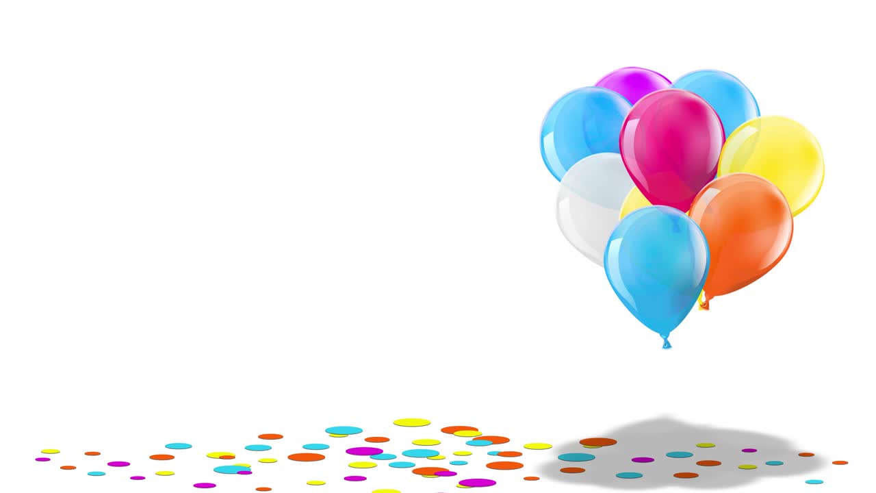 A seamlessly looping 3D animation CGI render of vibrant party balloons rising with confetti scattering beneath. Ideal video footage for celebrations, birthdays, promotions, and backgrounds