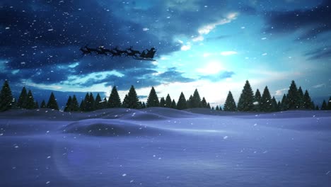 animation of father christmas in sleigh silhouette flying over snowy winter scenery