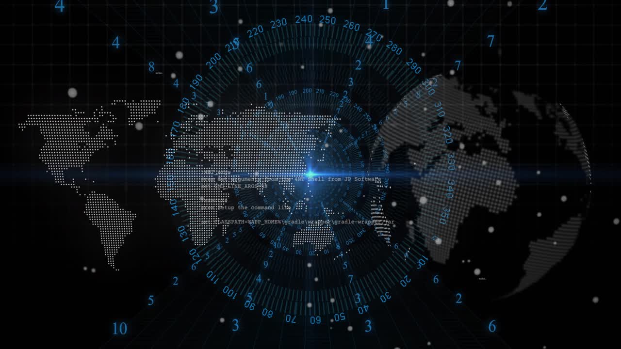 Blue point light appearing and starting radial numeric HUD and rotating ring, displaying world data