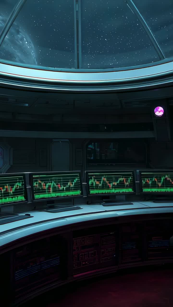 Video verticale: ricezione dati, grafici della console in aggiornamento sul ponte della nave, campo stellare del viewport pulsante