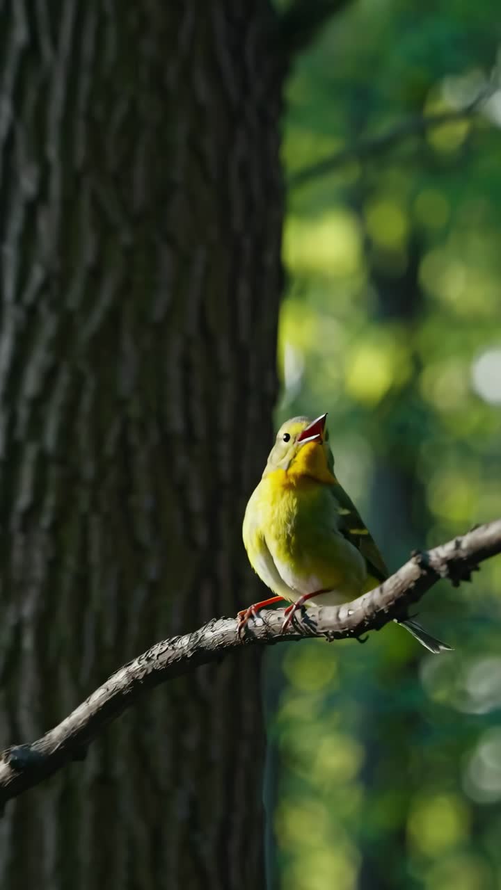 Un uccello appollaiato su un ramo in una foresta, catturato da un angolo basso