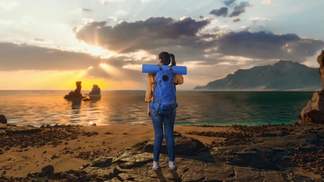 Vista traseira de corpo inteiro de uma caminhante com mochila de alpinismo gritando gol, celebrando o sucesso enquanto está de pé na praia durante o pôr do sol