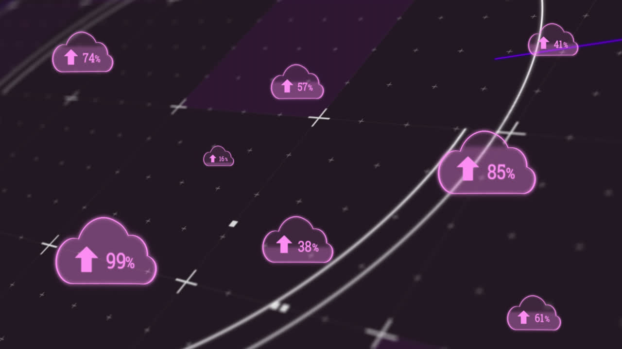 animación de nubes digitales rosadas con flechas y porcentaje de crecimiento, marcadores blancos, escaneo de ámbitos