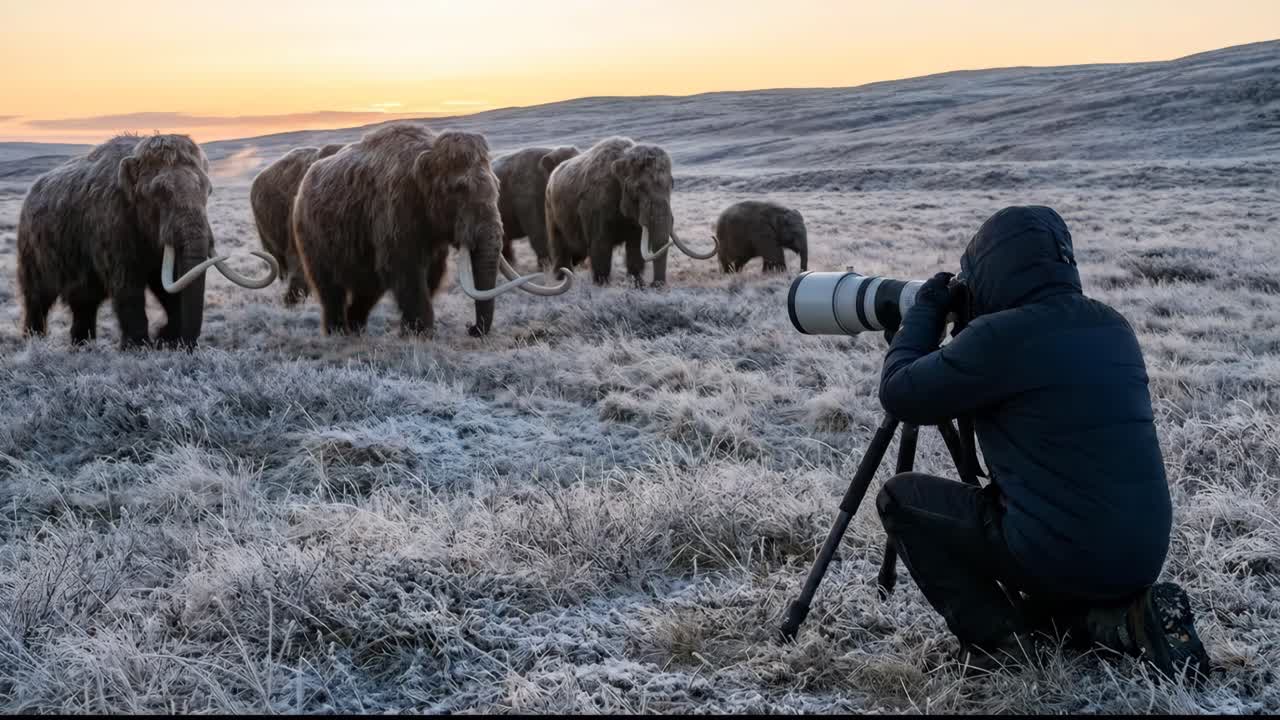 Fotograf fanger uldhårede mammutter i et frostklart forhistorisk landskab ved daggry