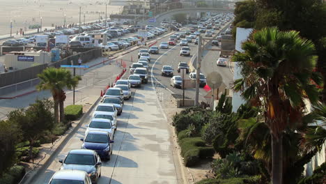 heavy traffic exiting off of pacific coast highway in santa monica, california