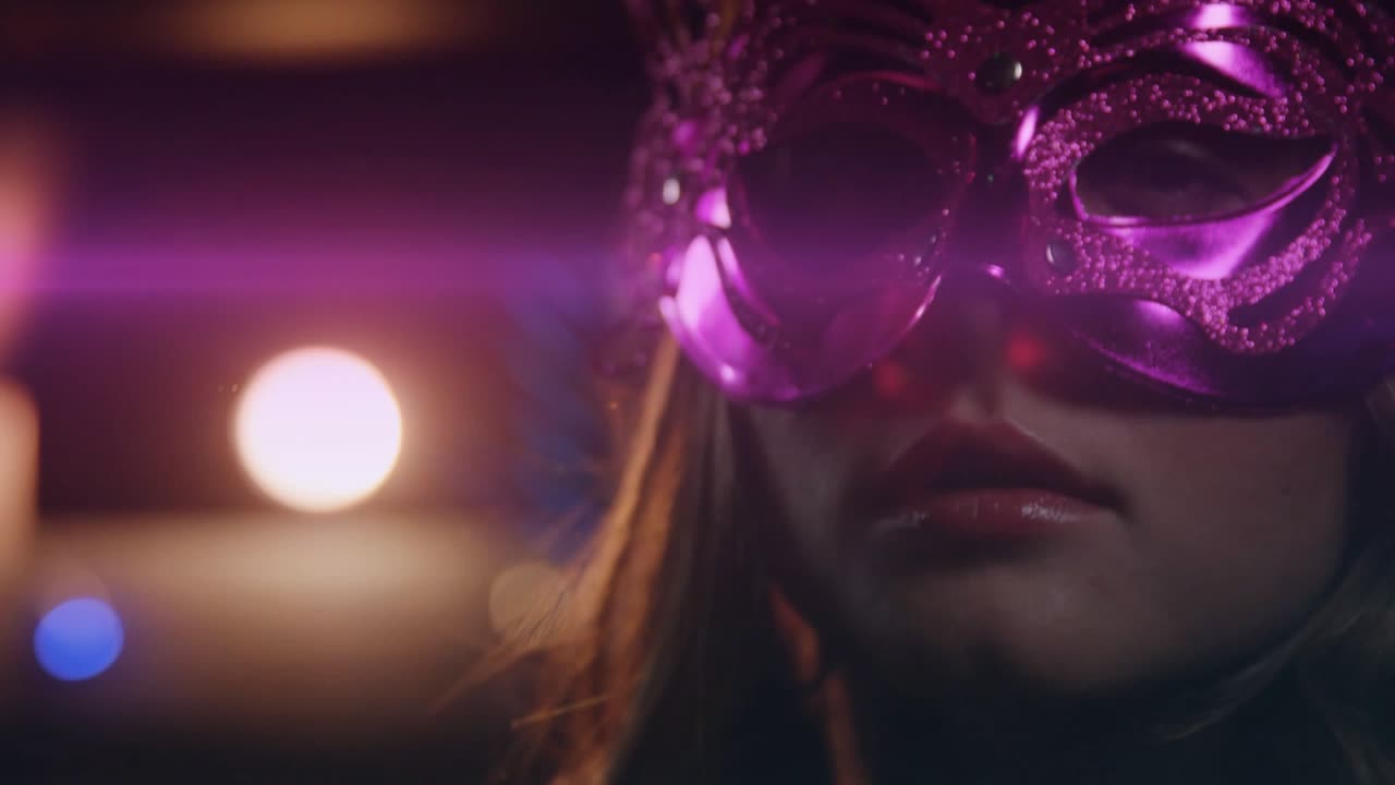 Woman posing in dim studio, lens flares sweeping, obscuring then revealing mask showcasing fashion