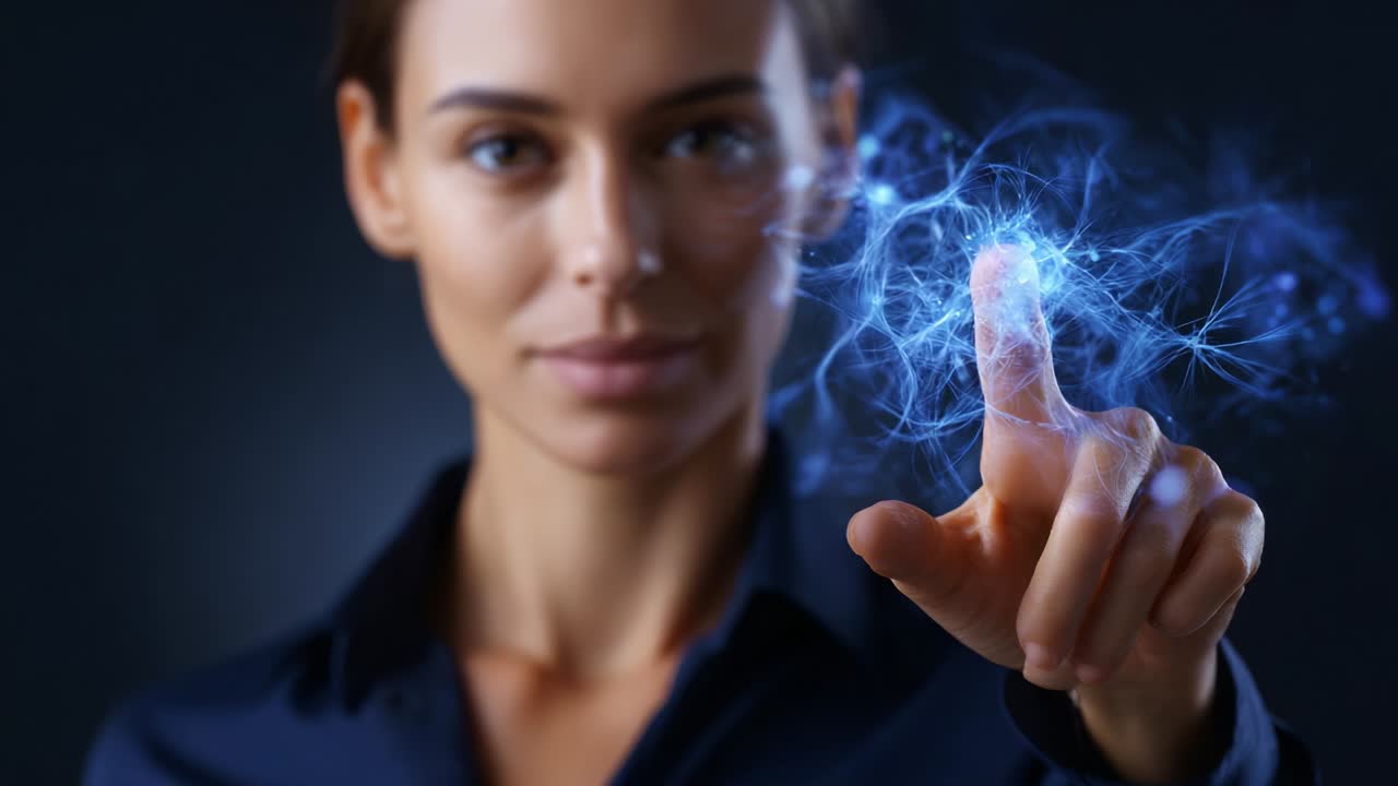A captivating representation of a confident woman using her finger to interact with a glowing, vibrant, and mystical orb of energy, symbolizing the fusion of technology and human touch in a digital realm