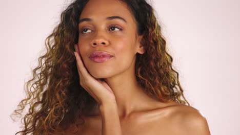 Beauty,-hands-touch-face-and-woman-in-studio