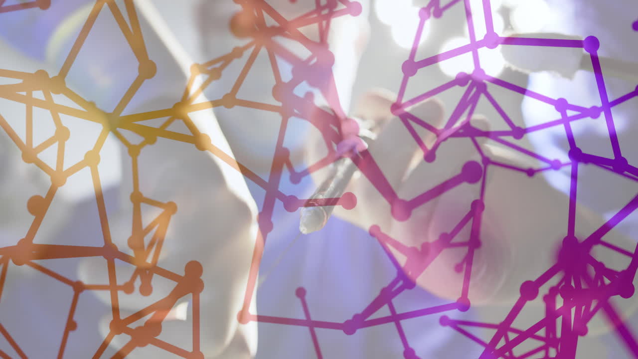 Holding pen, hands illustrating data analysis with colorful network connections