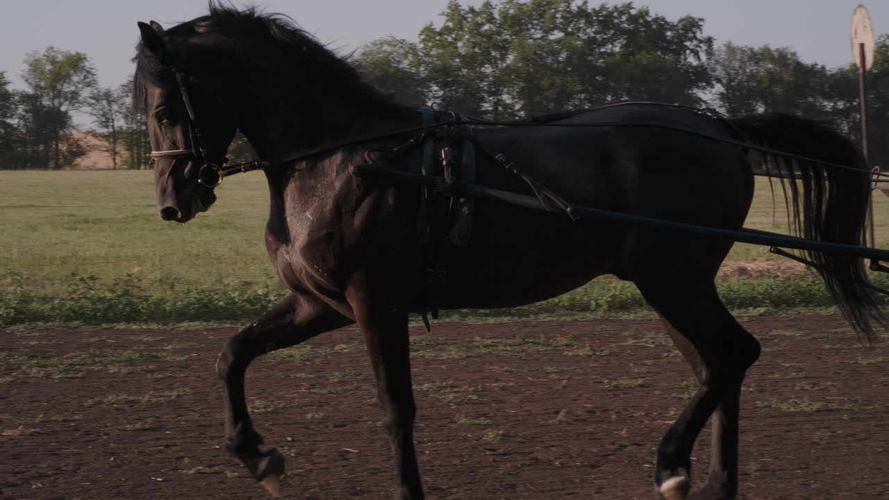 mujer montando un caballo negro en un carruaje tirado por caballos