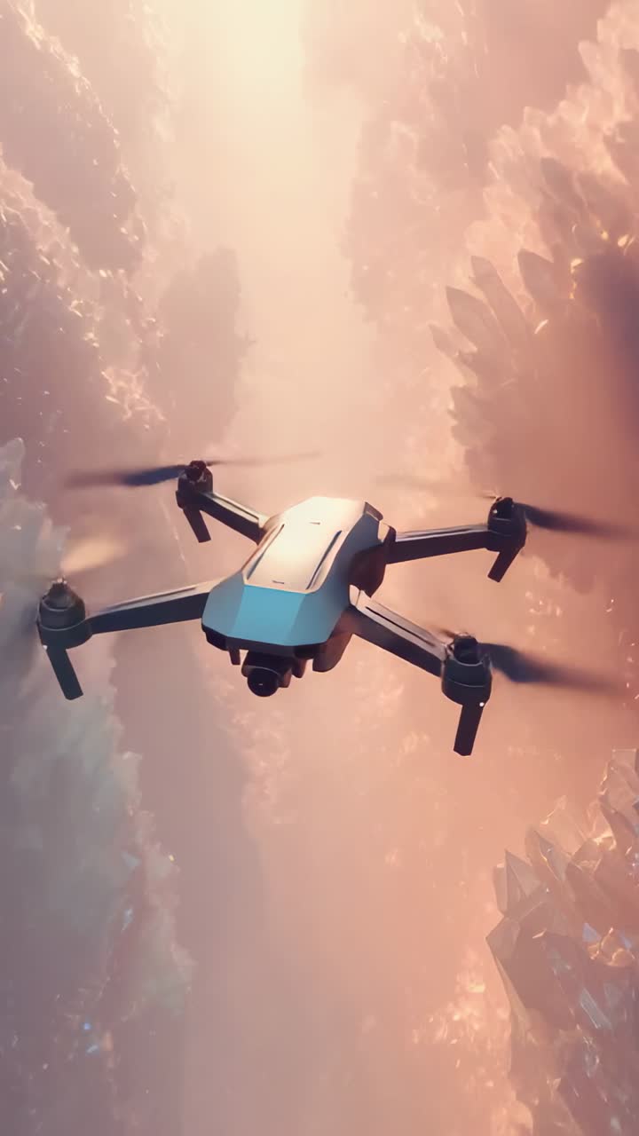 Vertikální video: Rotory roztáčejí kompaktní dron, který se pohybuje členitým koridorem směrem k jasnému světlu