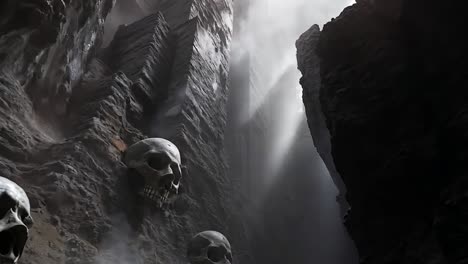 skulls in a cave with a waterfall in the background