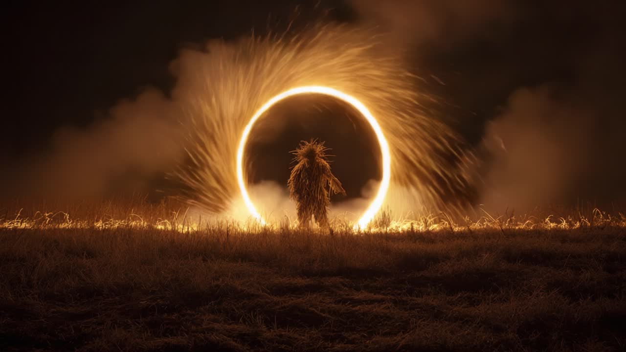 A Mysterious Figure Dances Through an Enigmatic Fire Circle on a Dark Night, Illuminating the Surrounding Landscape with Sparks and Shadows in a Captivating Display