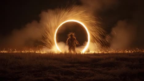 A Mysterious Figure Dances Through an Enigmatic Fire Circle on a Dark Night, Illuminating the Surrounding Landscape with Sparks and Shadows in a Captivating Display