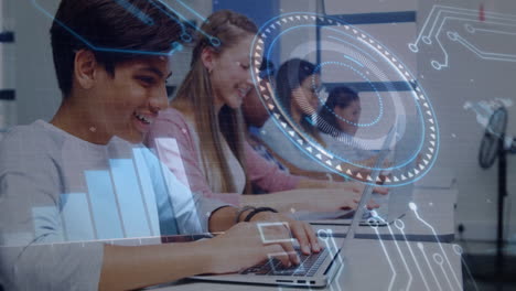 students using laptops with digital interface and data processing animation overlay