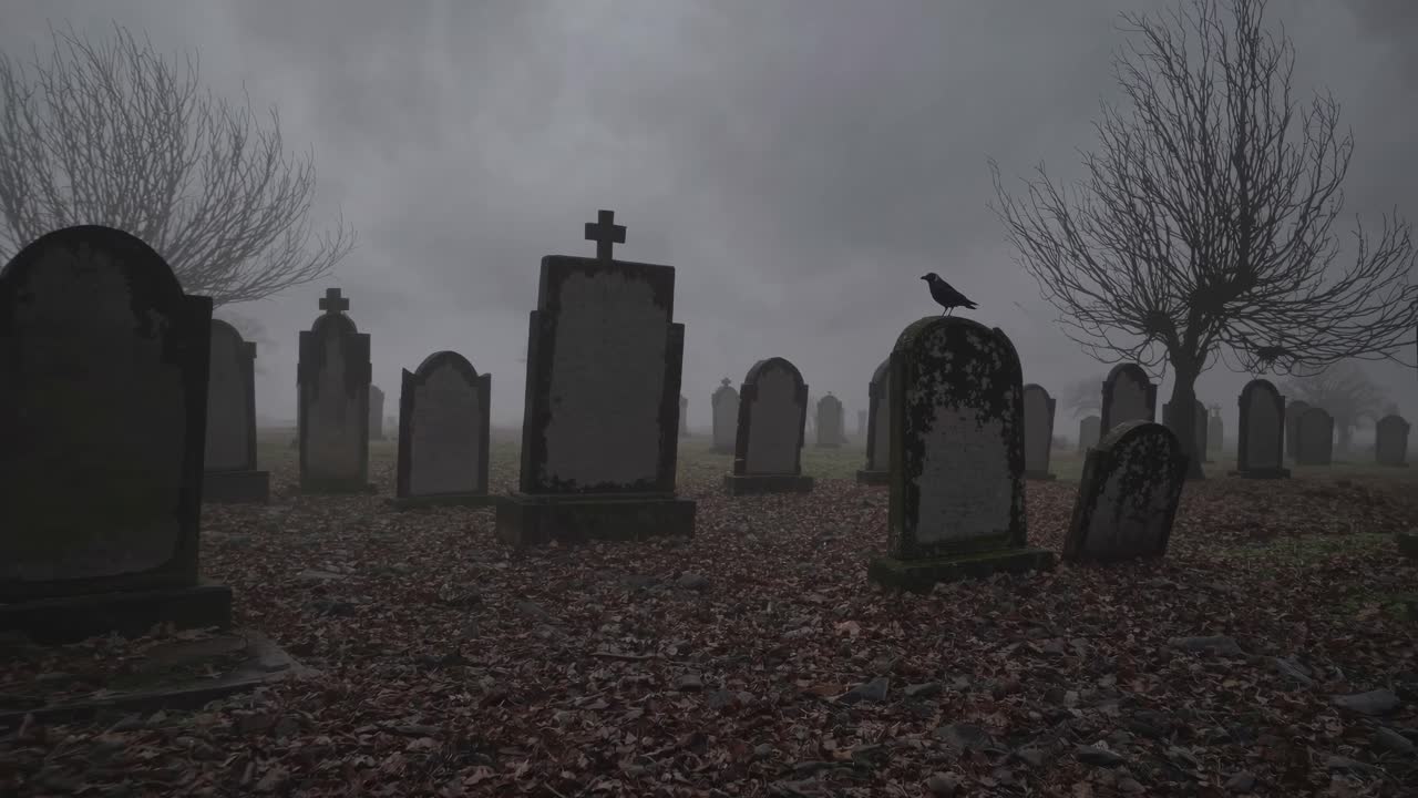 Eerie graveyard scene in a foggy atmosphere, captured from a low-angle shot