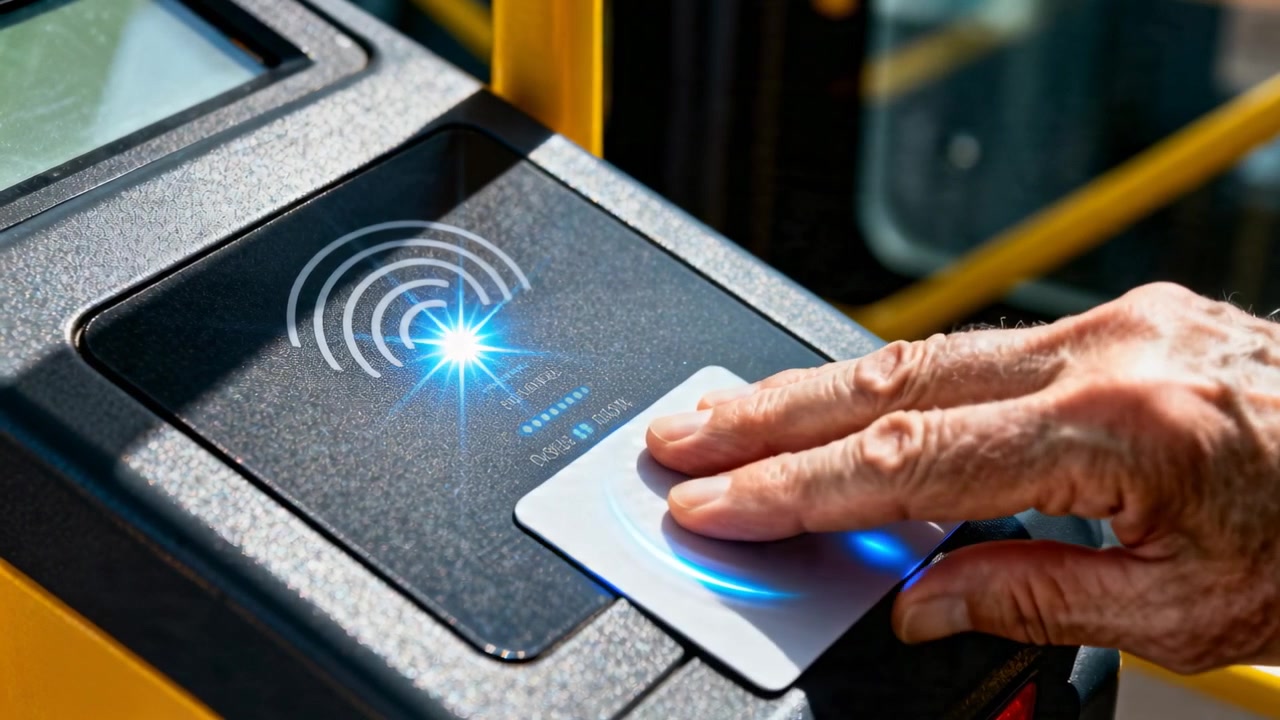 Tapping senior right hand holding NFC card on bus reader with blue glow appearing, paying fare