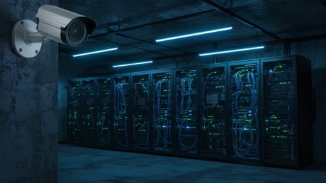 surveillance and security: a detailed look at a high-tech server room equipped with advanced monitoring cameras in a dark atmosphere