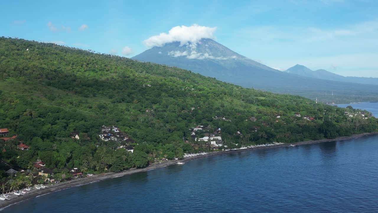A slow zoom onto Mount Agung volcano in the East of Bali, Indonesia